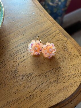 Gold Floral Dangle Earrings in Iridescent Peach - Women's Jewelry